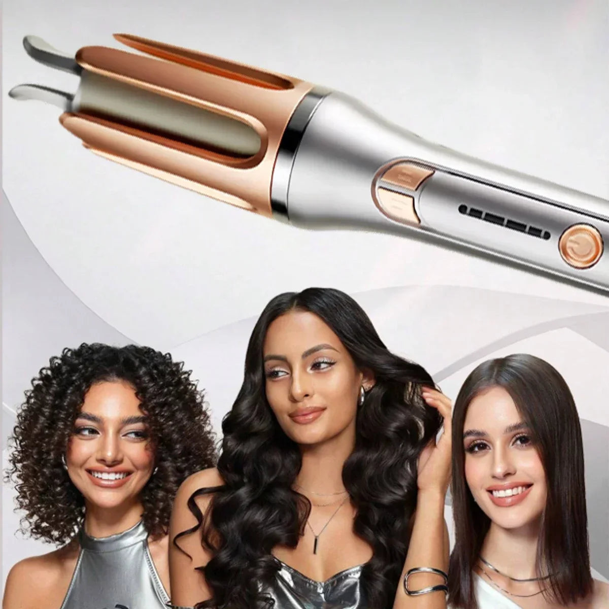 Automatic hair curler displayed above three women with different hair textures.