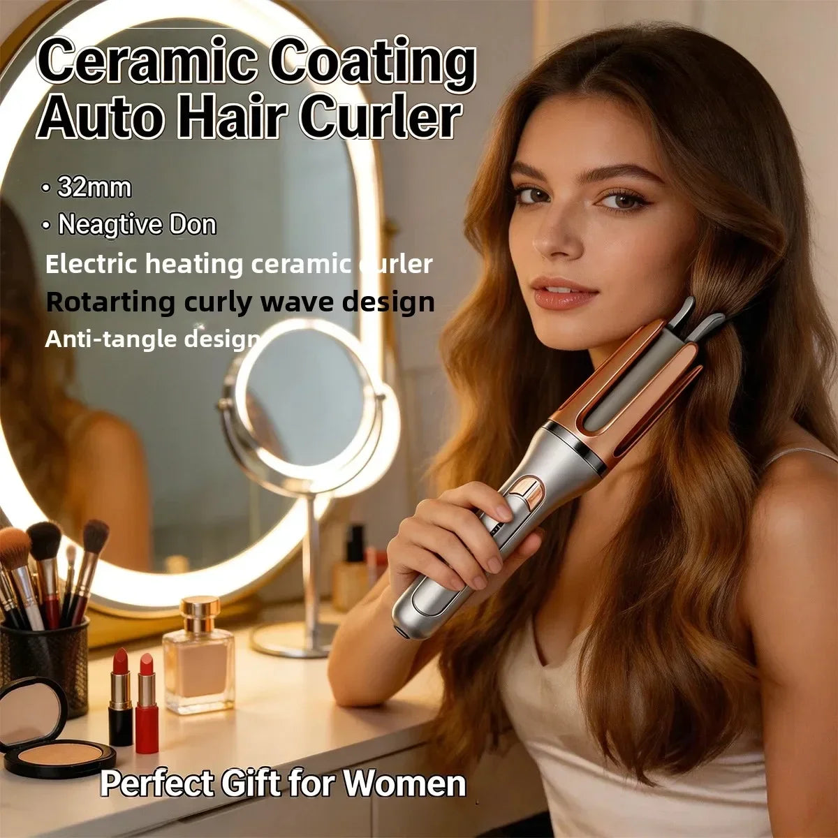 Woman demonstrating an automatic hair curler with a ceramic-coated styling barrel.