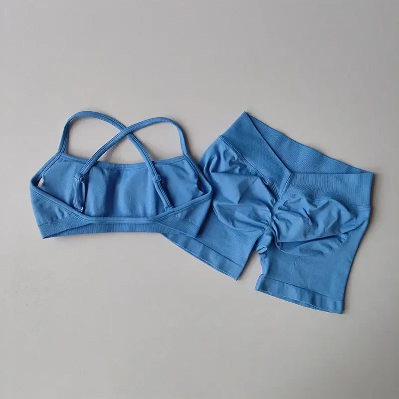 Seamless Sculpt Activewear Set in blue with matching sports bra and shorts
