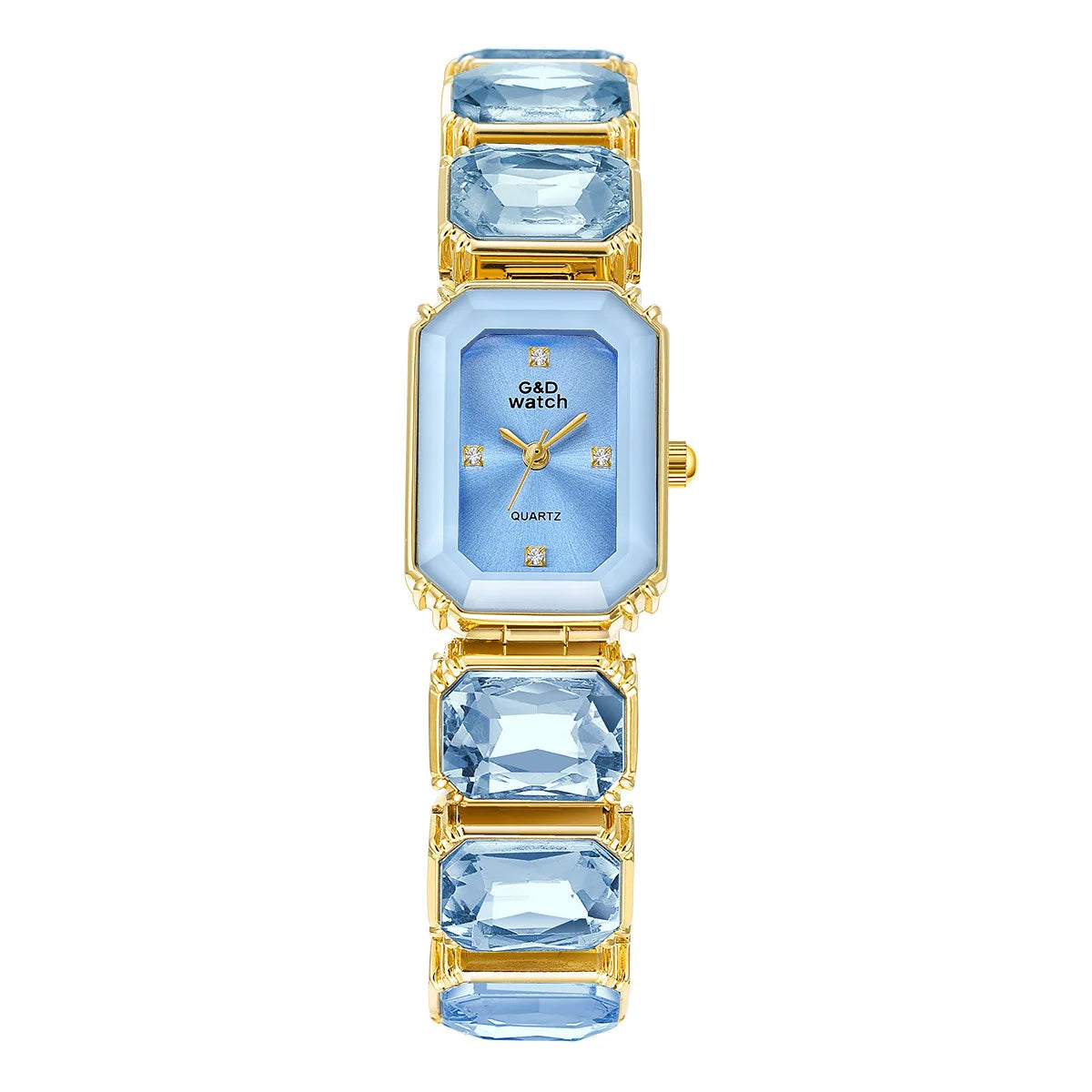 Gold Bracelet Watch for Women Rectangular Dial with a blue dial and matching blue bracelet stones, front view