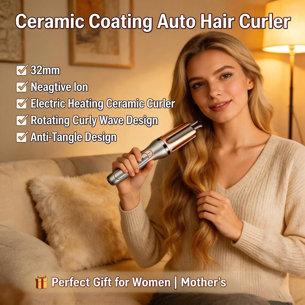 Woman using a ceramic automatic hair curler with a rose gold and silver finish.