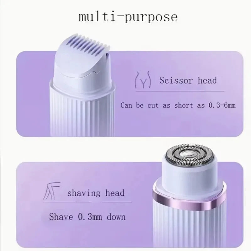 Electric hair remover with interchangeable shaving and trimming heads for different grooming needs.
