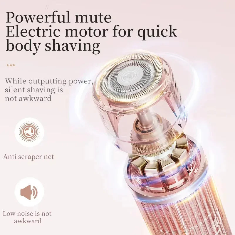 Close-up of a pink and gold electric hair remover showing its circular shaving head.