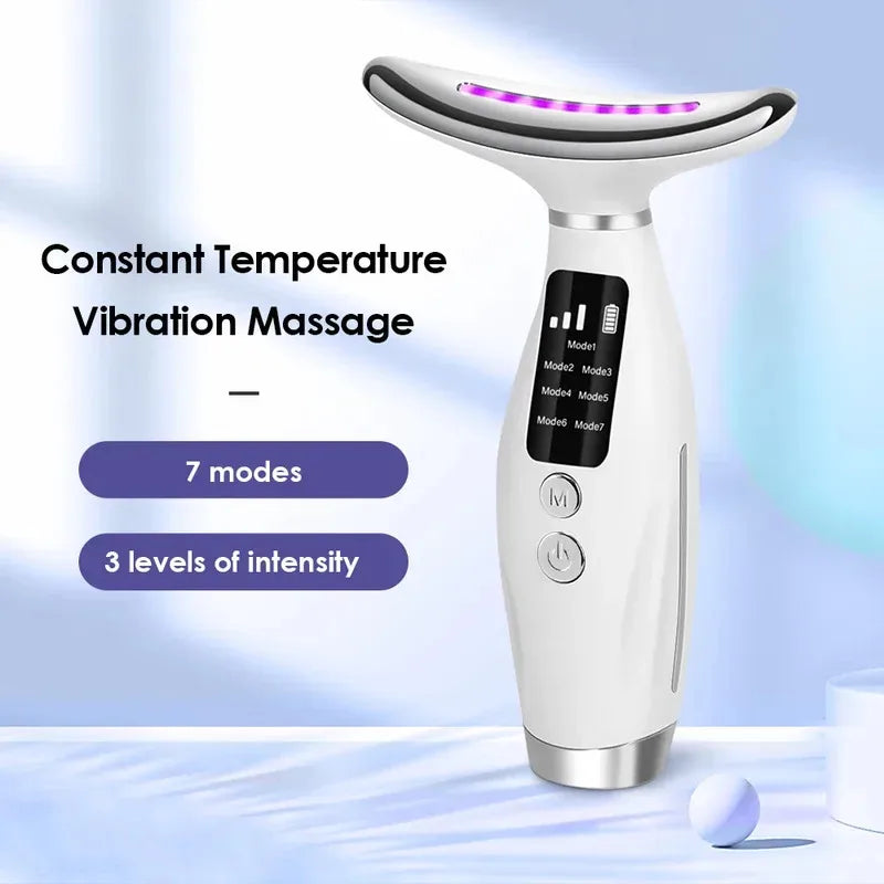 Handheld facial beauty massager with a curved head and an infographic describing vibration and temperature settings.