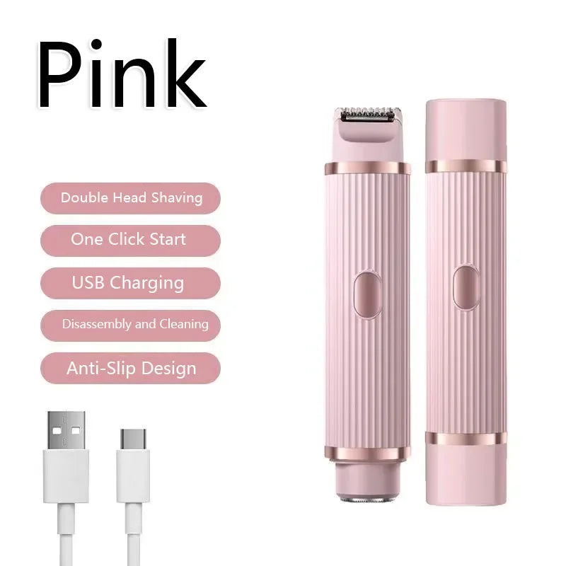 Pink electric hair remover with two grooming devices and USB charging cables.