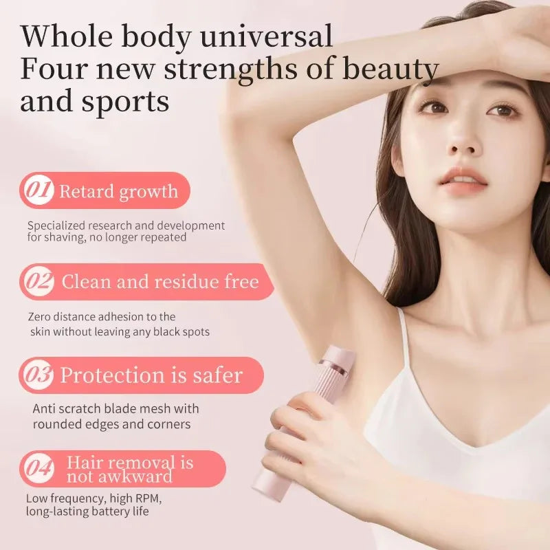 Pink electric hair remover for women with product features and a smooth skin care design.