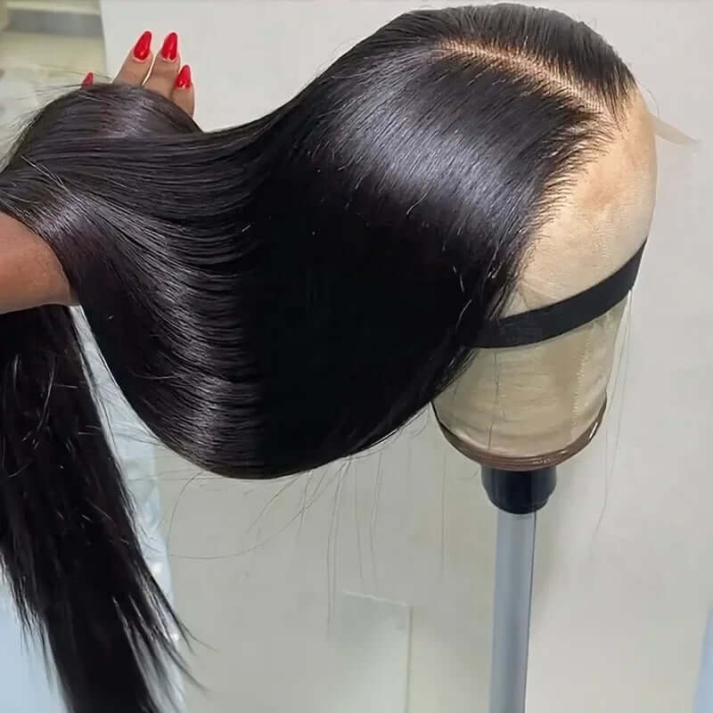 Brazilian Silk Straight Lace Front Wig – Sleek Luxe displayed on a wig stand with a sleek, straight texture and pre-plucked edges.