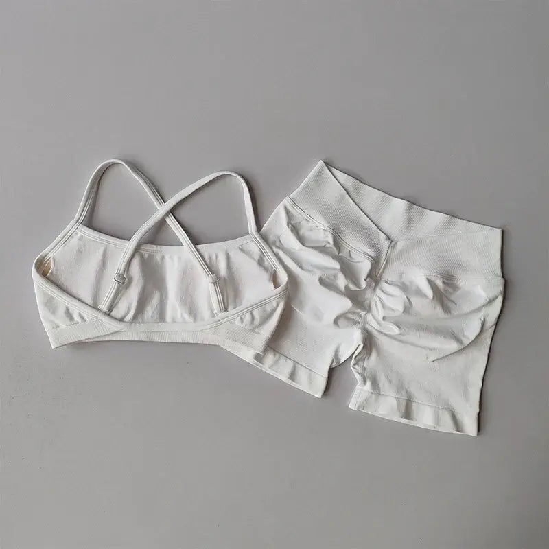 Seamless Sculpt Activewear Set in white with matching sports bra and fitted shorts