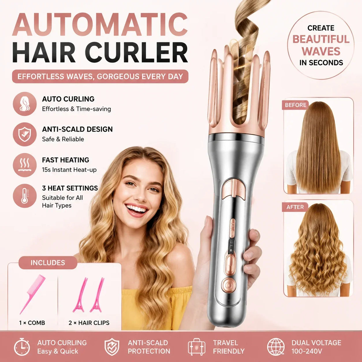 Automatic hair curler pictured beside examples of curled hairstyles on a pink background.