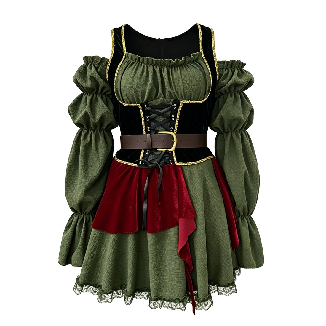 Disfraz vintage para mujer con cinturón y tocado opcional
