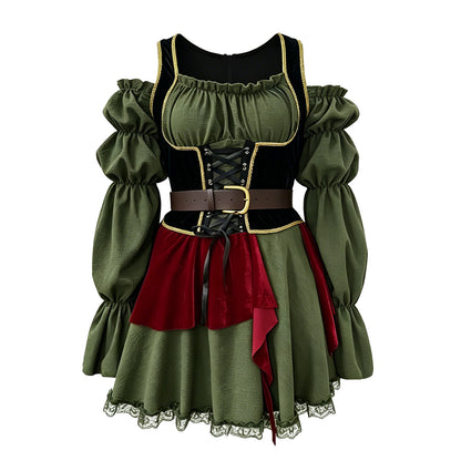 Disfraz vintage para mujer con cinturón y tocado opcional