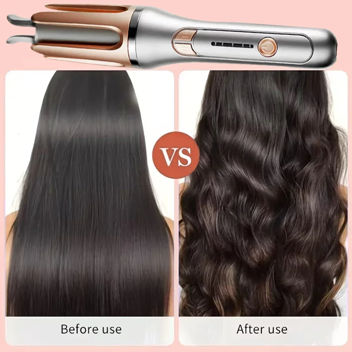 Comparison of straight hair before using an automatic curler and defined curls afterward.