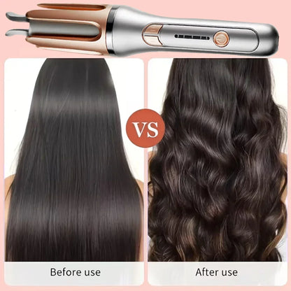 Comparison of straight hair before using an automatic curler and defined curls afterward.