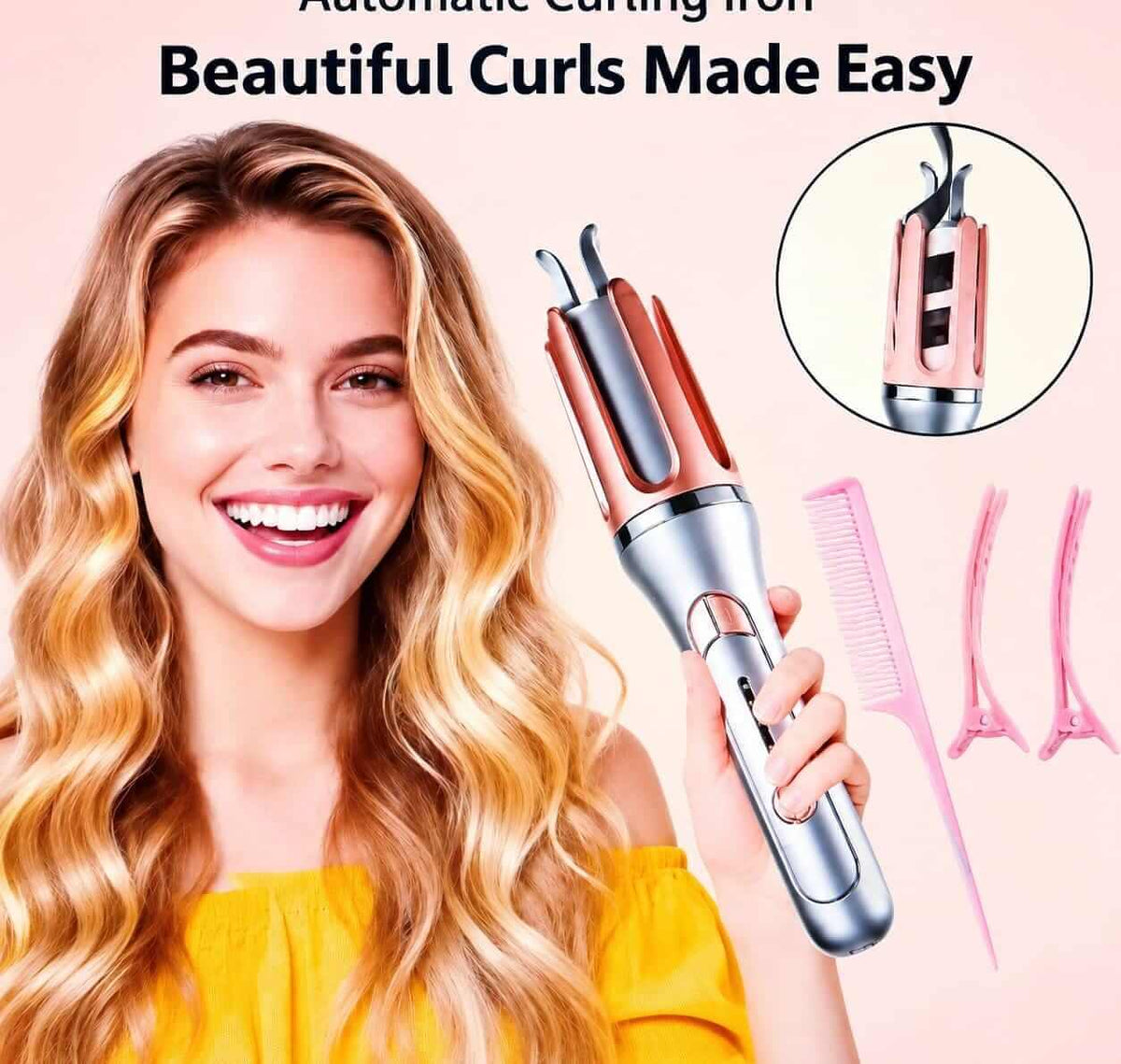 Smiling woman with defined curls beside an automatic hair curler and hairstyle illustrations.