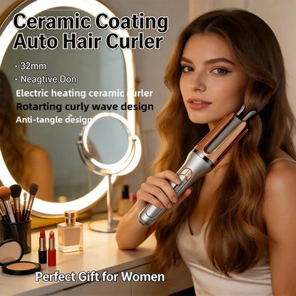 Woman demonstrating an automatic hair curler with a ceramic-coated styling barrel.