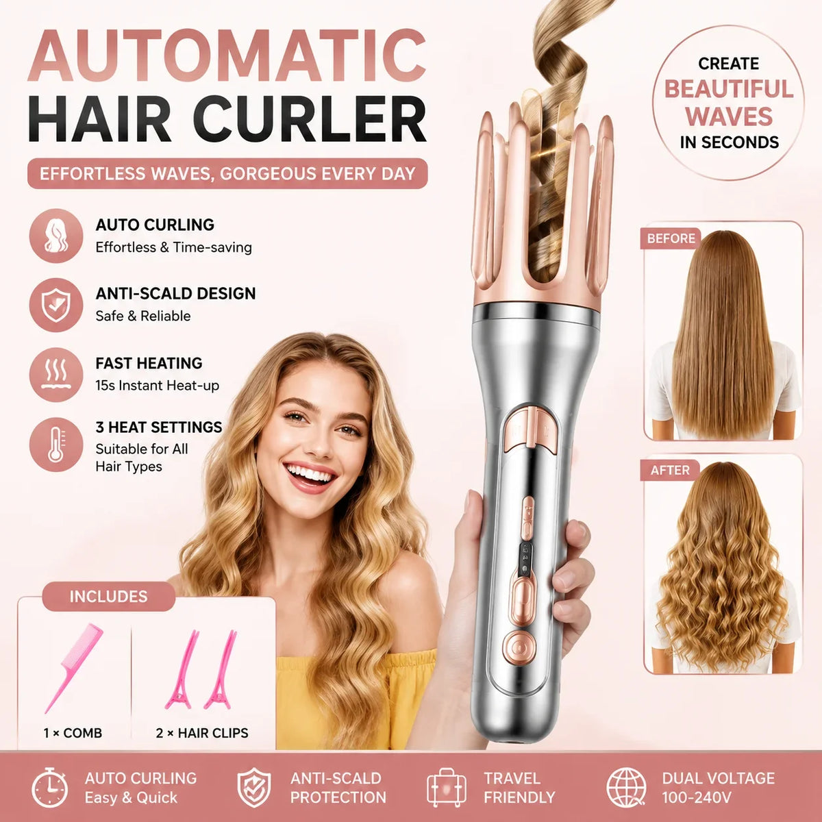 Automatic hair curler with product features and examples of different curls.