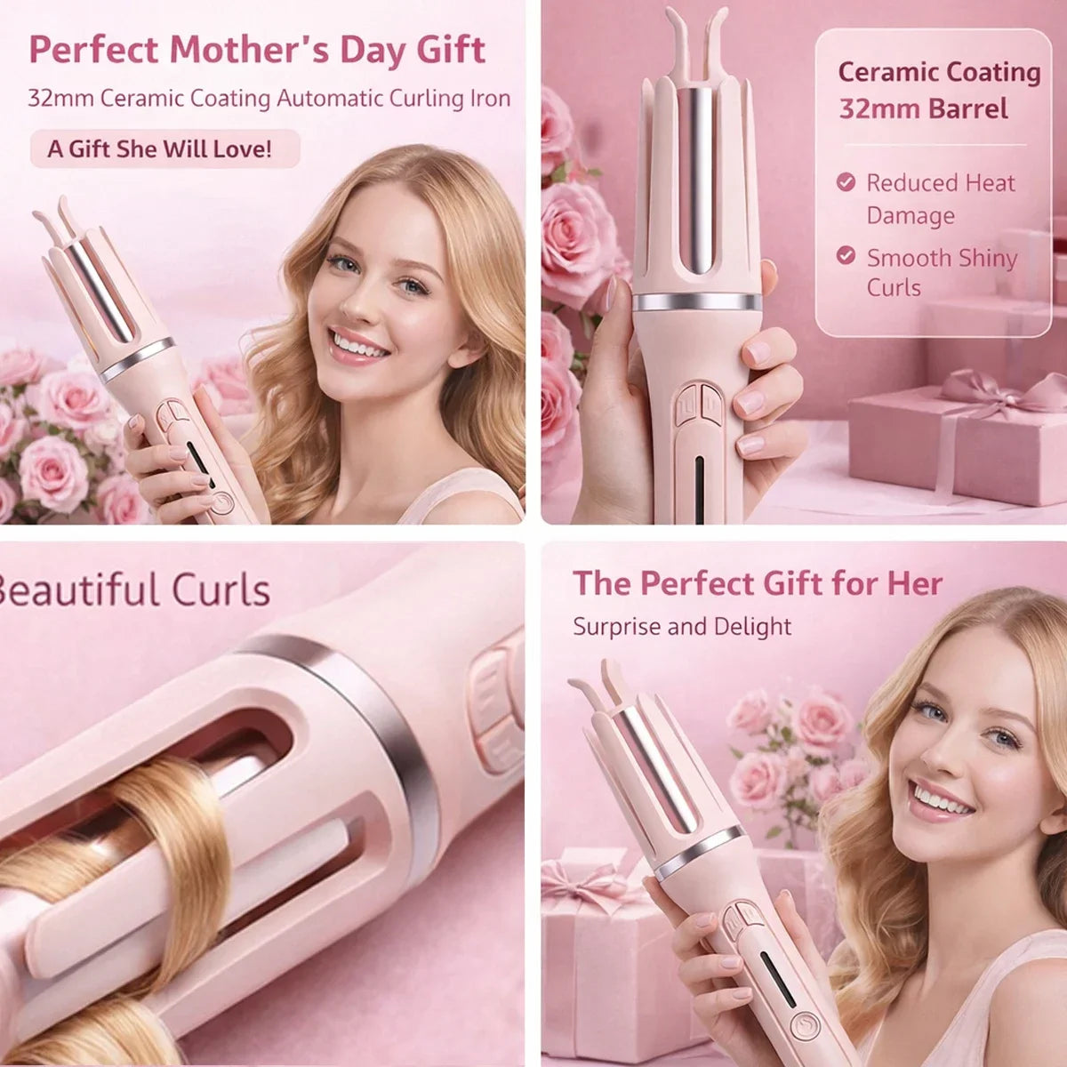 Automatic hair curler shown in a pink styling guide with examples of curled hairstyles.