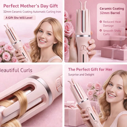 Automatic hair curler shown in a pink styling guide with examples of curled hairstyles.