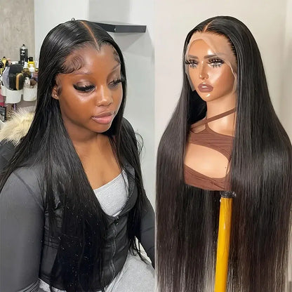 Brazilian Silk Straight Lace Front Wig – Sleek Luxe displayed on a mannequin and modeled by a woman, showcasing its natural look.