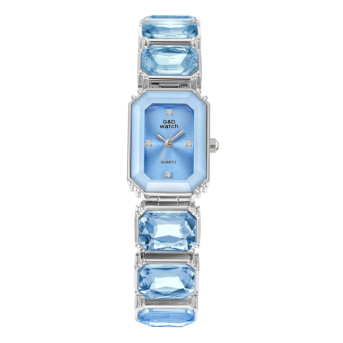 Gold Bracelet Watch for Women Rectangular Dial with a blue dial and decorative blue stones along the bracelet
