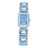 Gold Bracelet Watch for Women Rectangular Dial with a blue dial and decorative blue stones along the bracelet