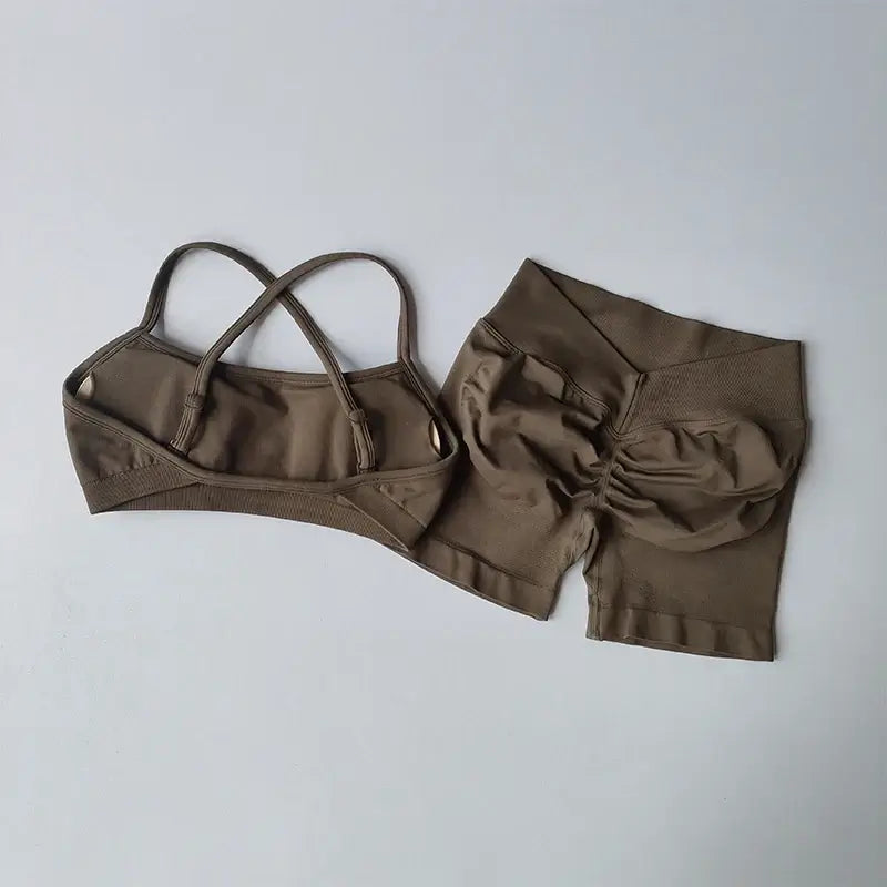 Seamless Sculpt Activewear Set in brown with matching sports bra and fitted shorts