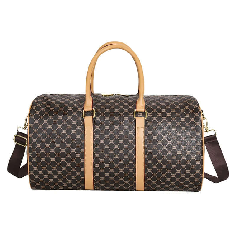 Dark brown patterned travel duffel bag with tan handles and a shoulder strap on a white background.