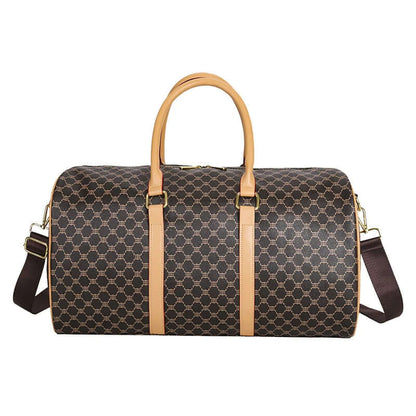 Dark brown patterned travel duffel bag with tan handles and a shoulder strap on a white background.