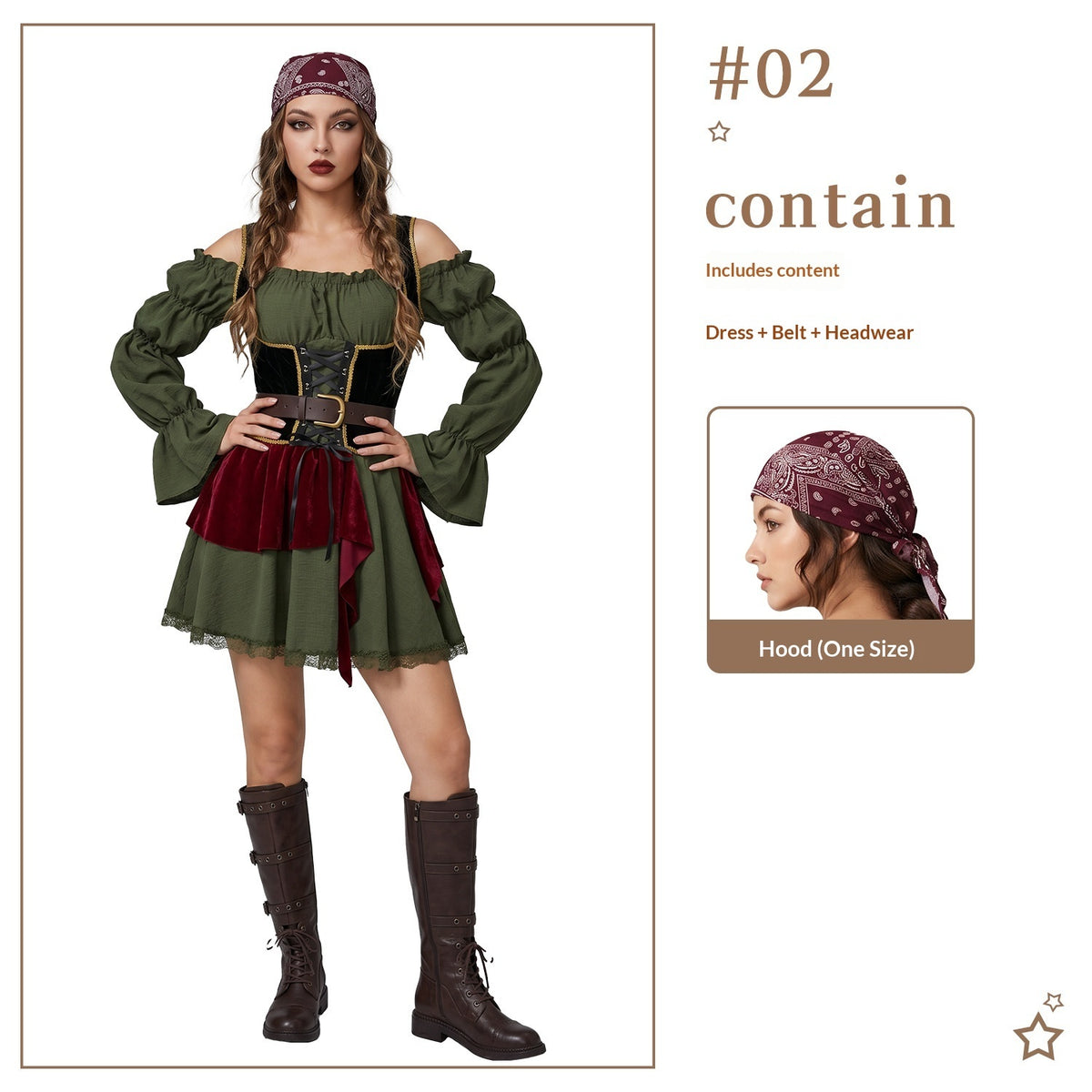 Disfraz vintage para mujer con cinturón y tocado opcional