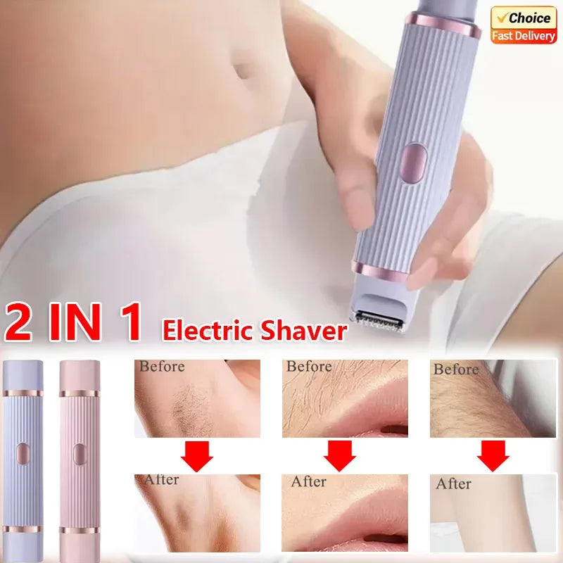 Woman using a pink electric hair remover on her leg with a before and after hair removal demonstration.