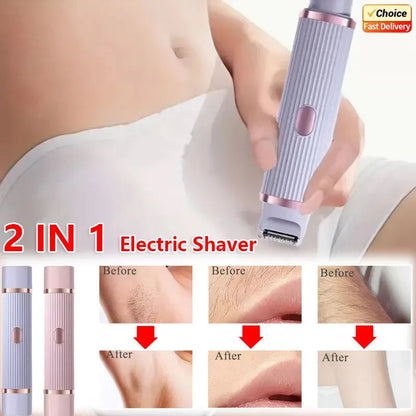 Woman using a pink electric hair remover on her leg with a before and after hair removal demonstration.