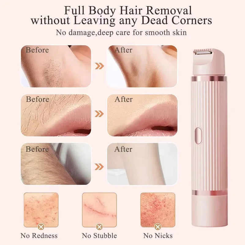  Electric hair remover with before and after images illustrating hair removal on different body areas.