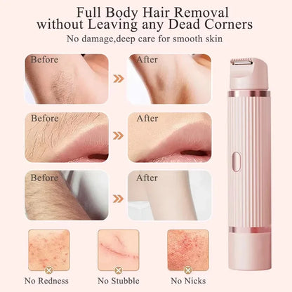  Electric hair remover with before and after images illustrating hair removal on different body areas.