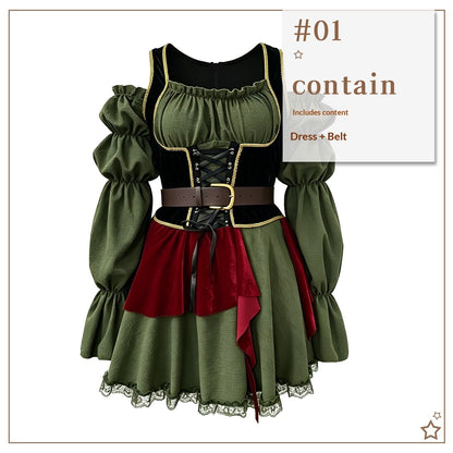 Disfraz vintage para mujer con cinturón y tocado opcional