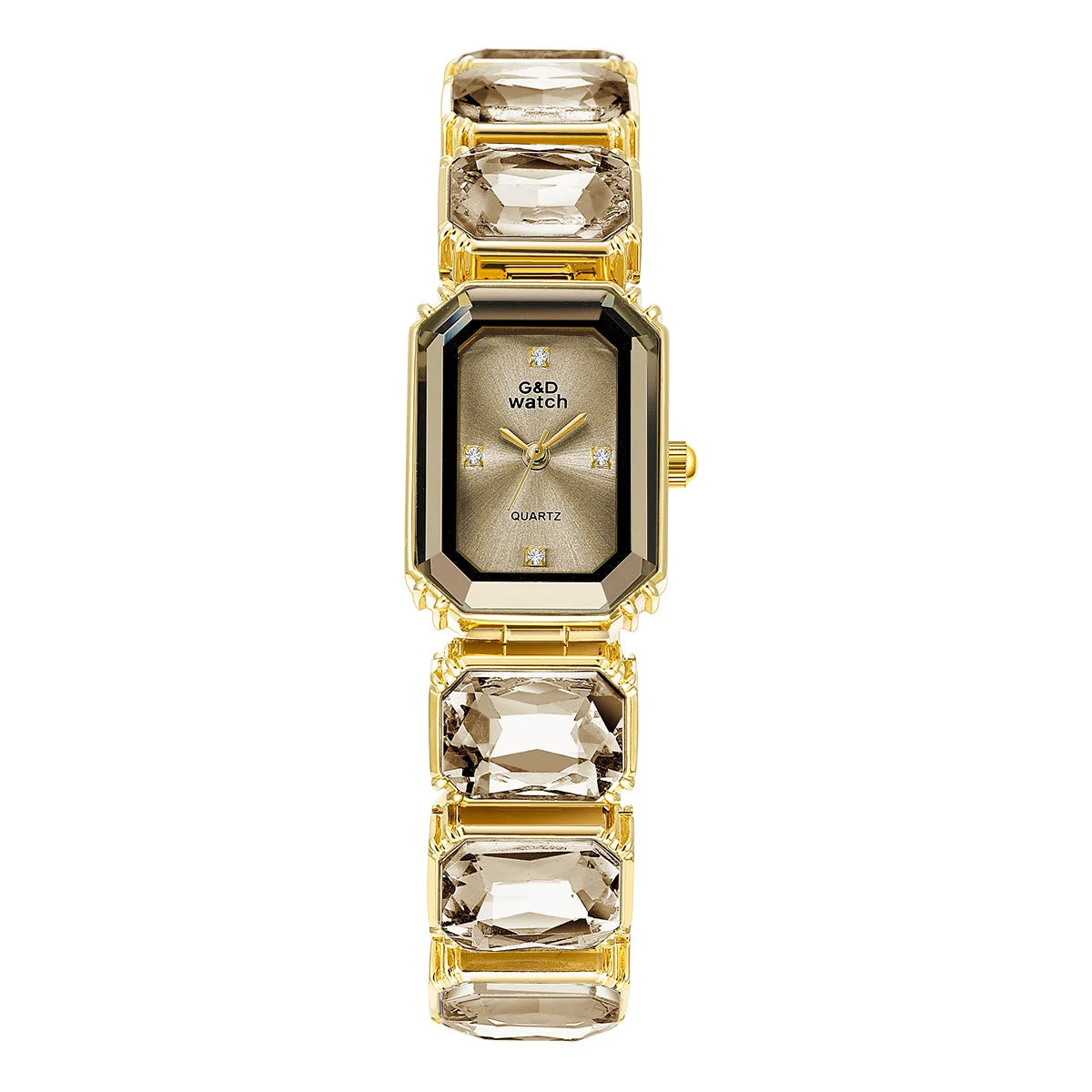Gold Bracelet Watch for Women Rectangular Dial with a light-colored dial and clear decorative bracelet stones