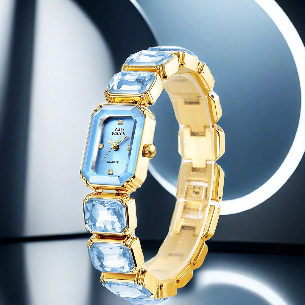 Gold Bracelet Watch for Women Rectangular Dial with blue decorative stones on the bracelet