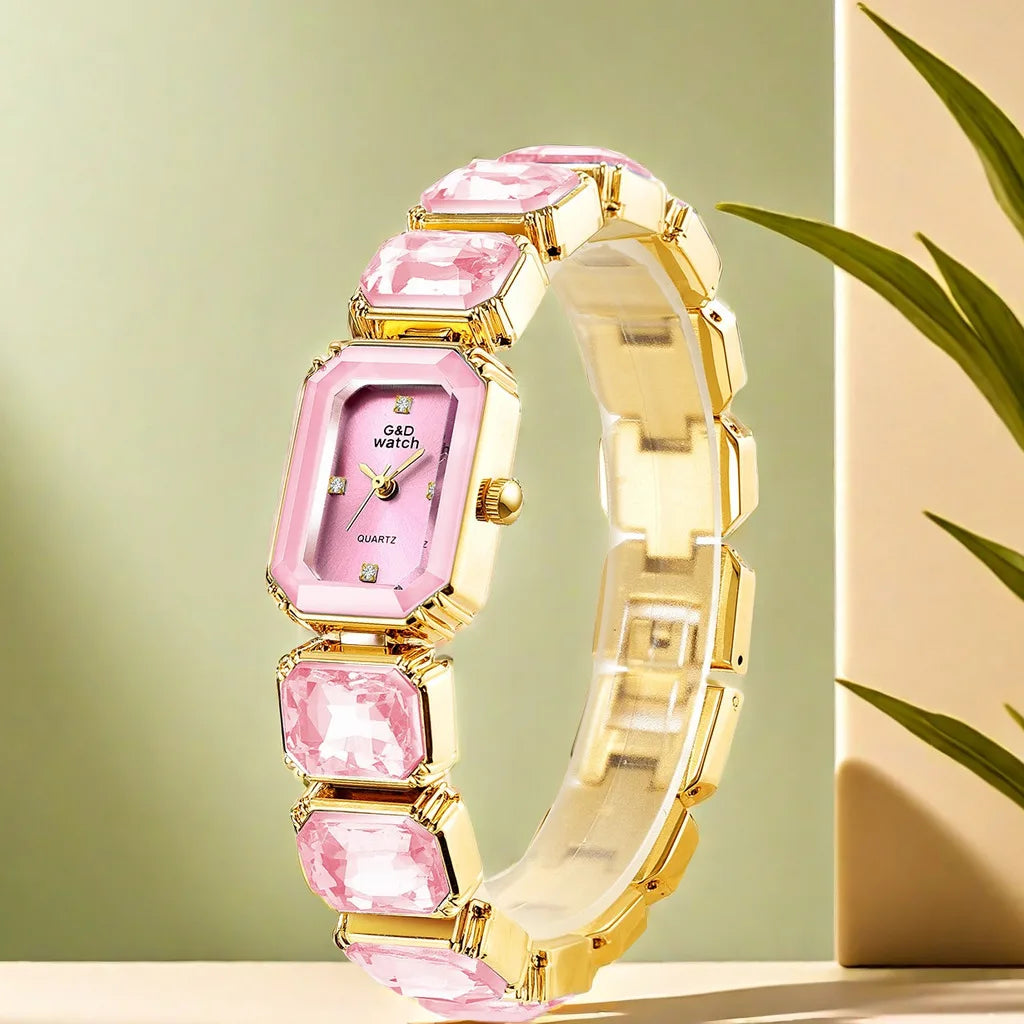 Gold Bracelet Watch for Women Rectangular Dial with pink decorative stones on the bracelet