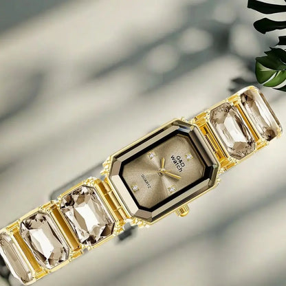 Gold Bracelet Watch for Women Rectangular Dial shown close up with a crystal-accented bracelet