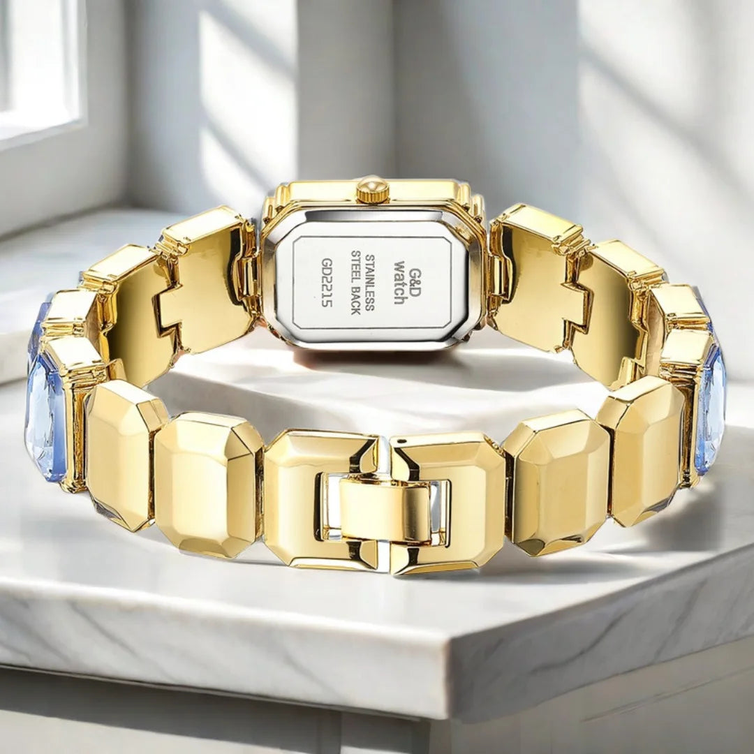 Gold Bracelet Watch for Women Rectangular Dial viewed from the back, showing the bracelet links and watch case