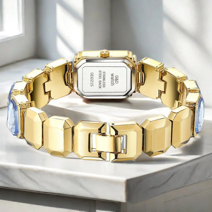 Gold Bracelet Watch for Women Rectangular Dial viewed from the back, showing the bracelet links and watch case