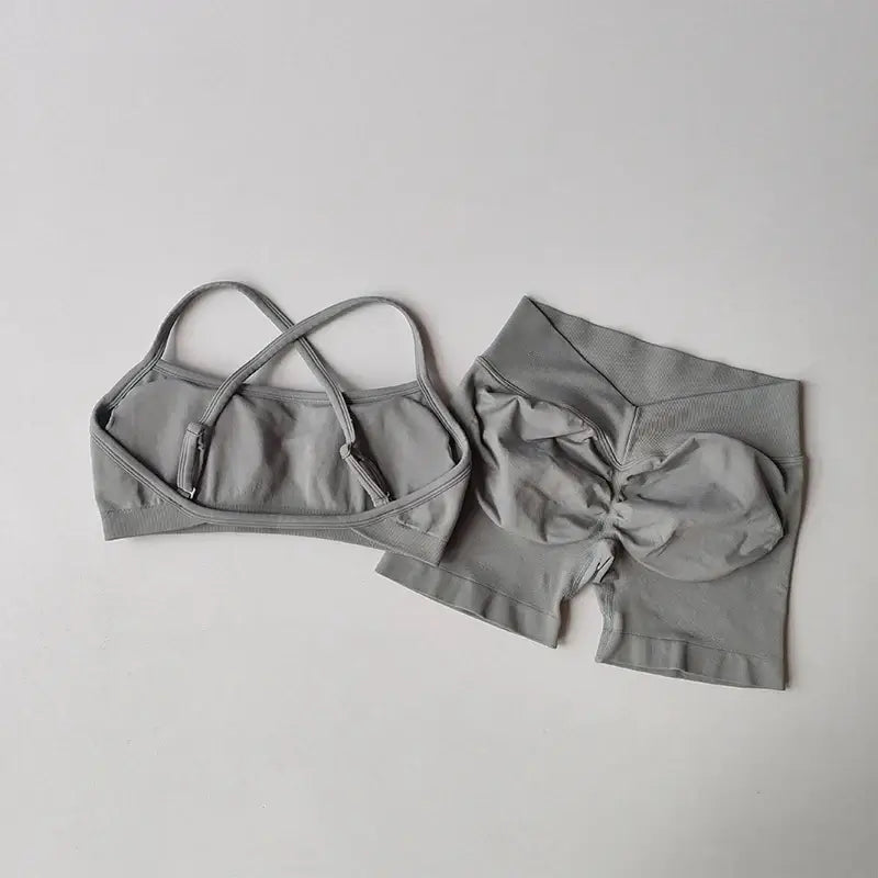 Seamless Sculpt Activewear Set in gray with matching sports bra and fitted shorts