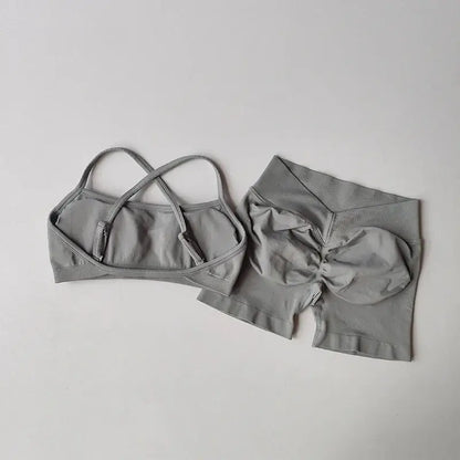 Seamless Sculpt Activewear Set in gray with matching sports bra and fitted shorts
