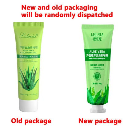 Green aloe vera exfoliating cream showing the old and new packaging designs.