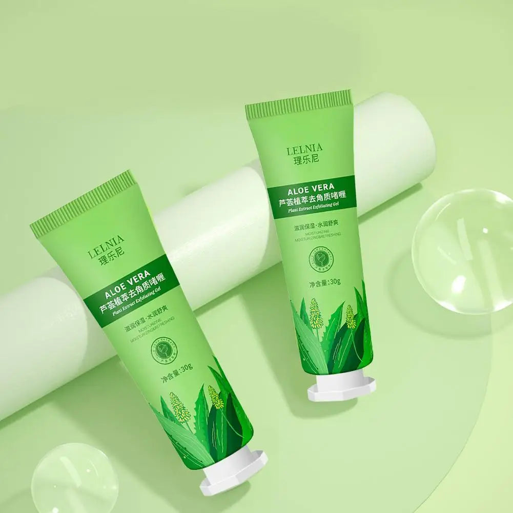 Two green aloe vera exfoliating cream tubes arranged on a light green background.