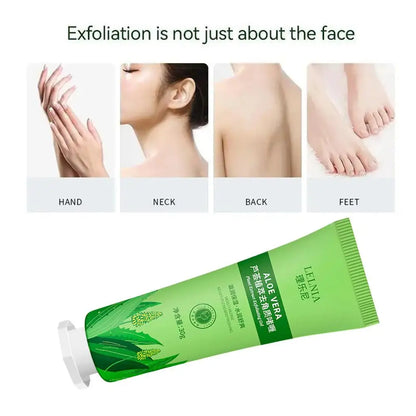 Green exfoliating cream tube with an infographic illustrating skin exfoliation on different body areas.