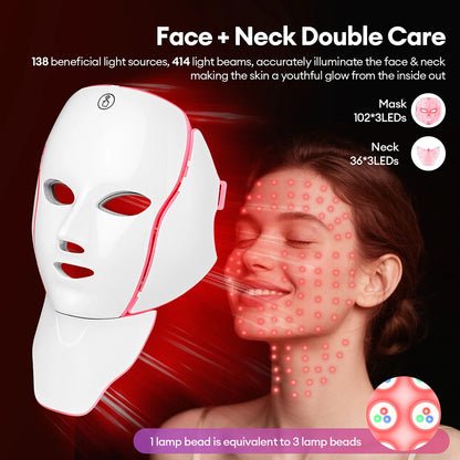 LED facial and neck beauty mask with red light therapy shown on a woman.
