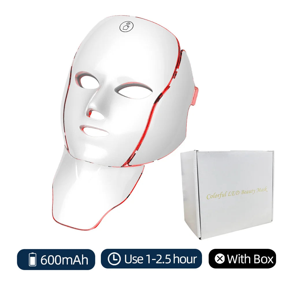 White LED facial beauty mask displayed beside its product box with battery information.