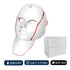 White LED facial beauty mask displayed beside its product box with battery information.