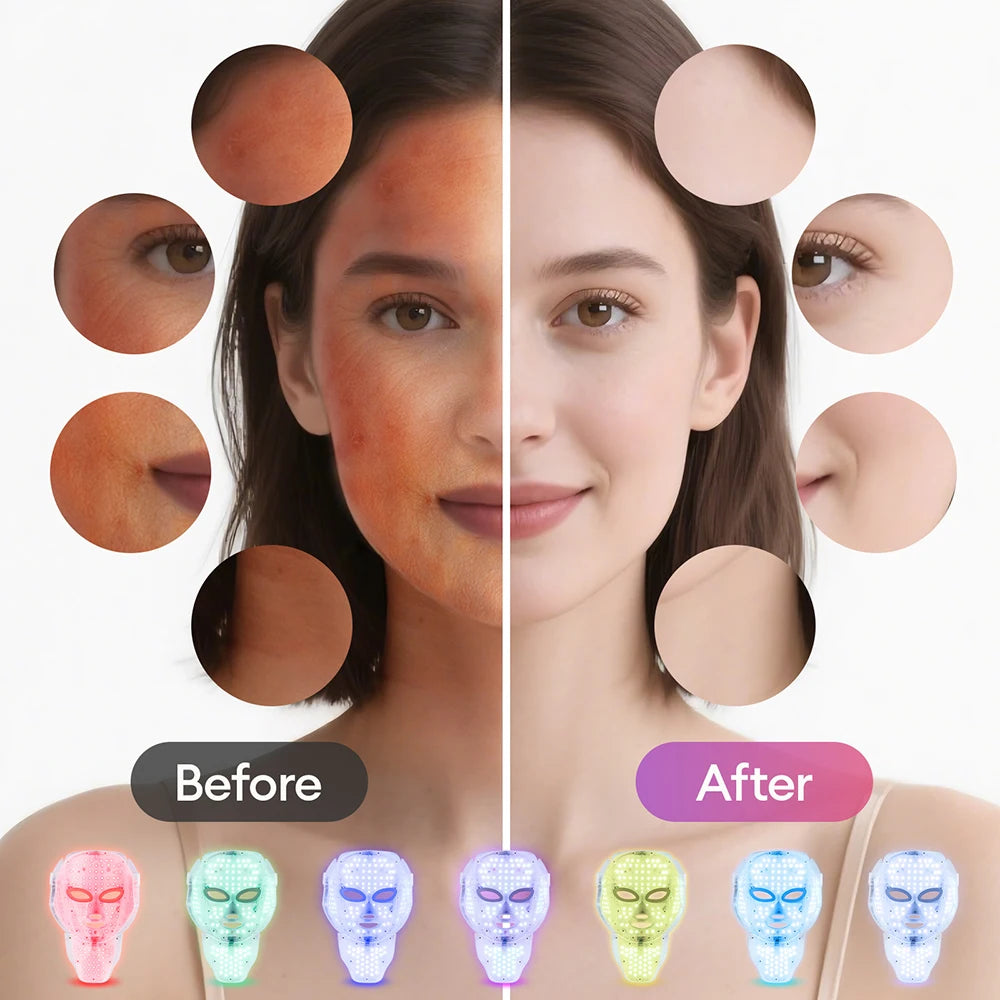 LED facial beauty mask product graphic showing a before-and-after skin appearance comparison.