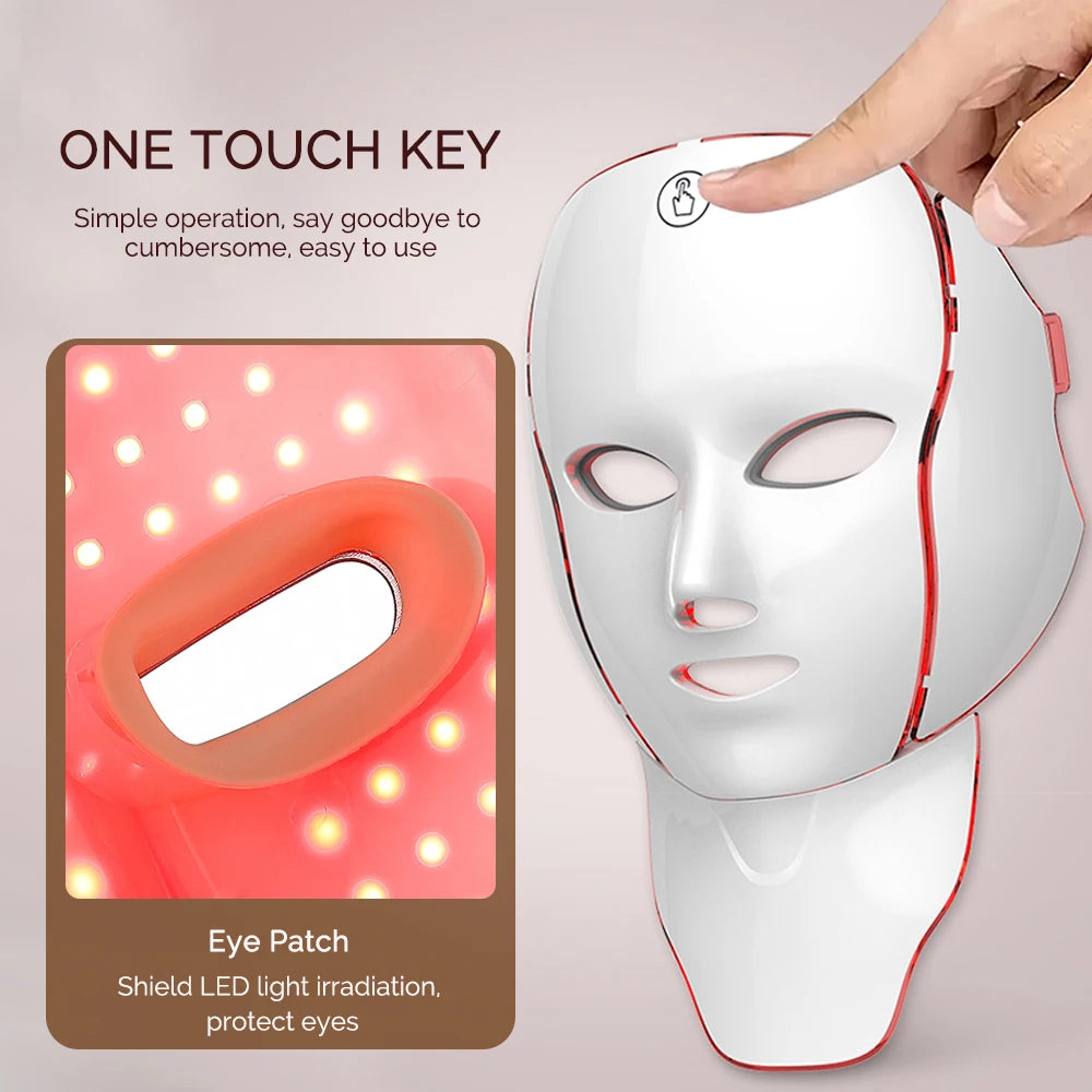 White LED facial beauty mask with a one-touch control button and detachable control unit.
